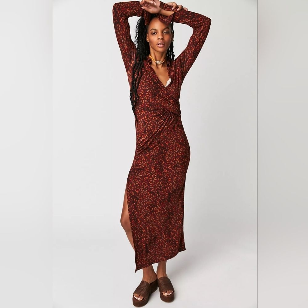 Free People Shayla Wrap Midi Floral Bodycon Dress Size S NWT